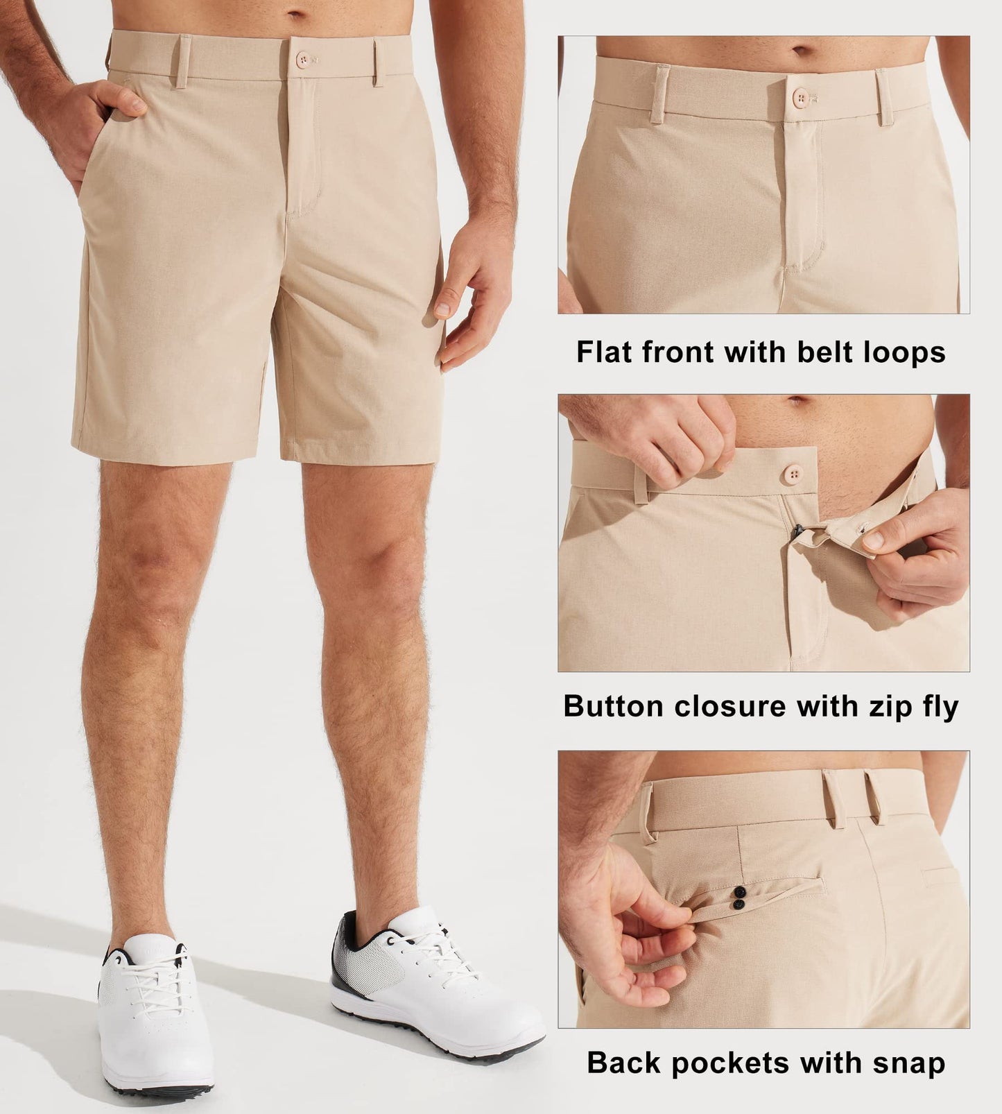 Libin Men's Golf Shorts 7" Work Dress Casual Flat Front 32, 7"- Khaki