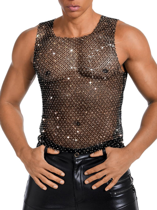 ChiaoLezhee Rhinestones Rave Outfits, Sparkly Mesh Tank Tops, Medium, Black