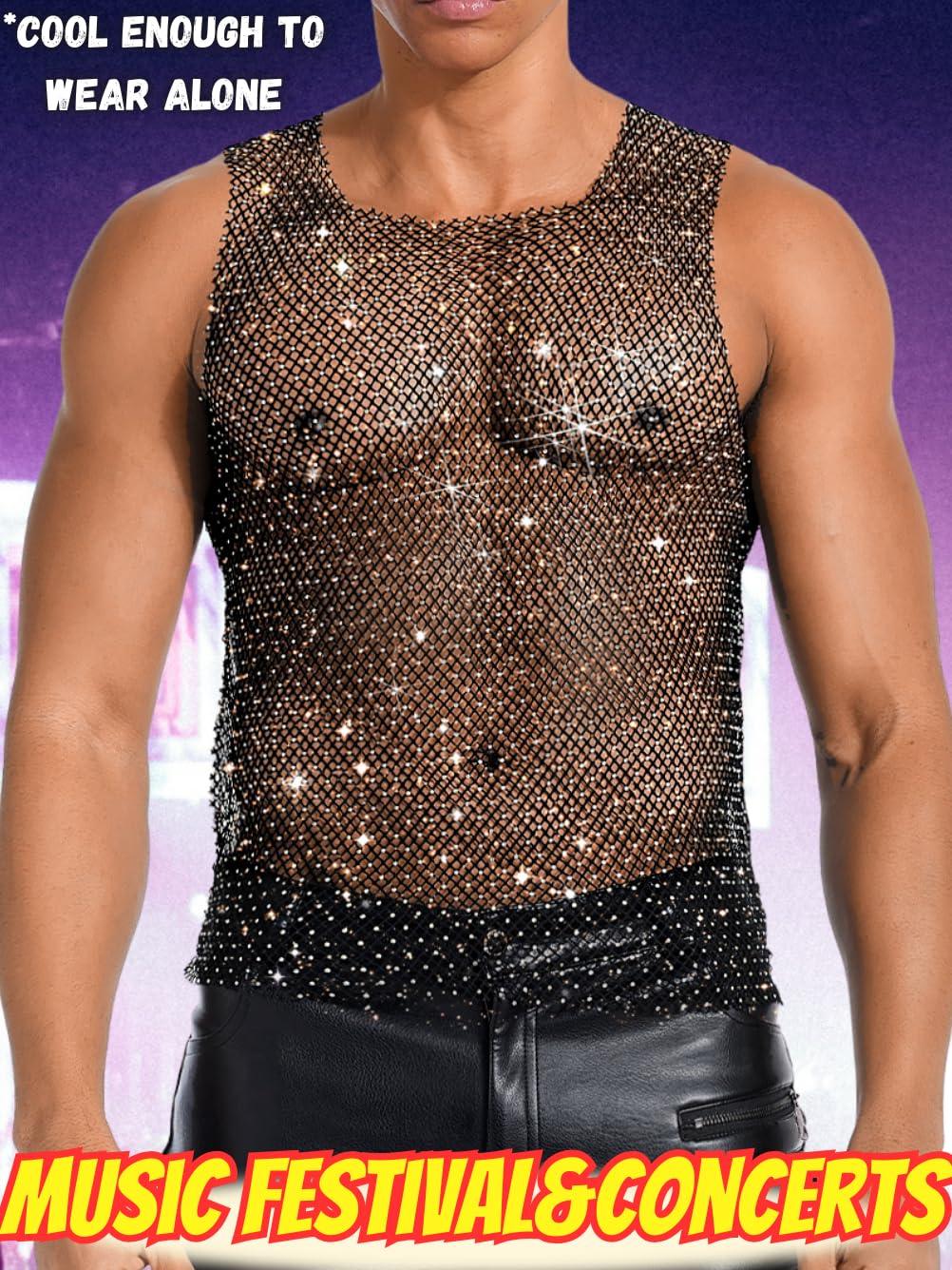 ChiaoLezhee Rhinestones Rave Outfits, Sparkly Mesh Tank Tops, Medium, Black