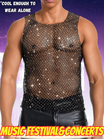 ChiaoLezhee Rhinestones Rave Outfits, Sparkly Mesh Tank Tops, Medium, Black