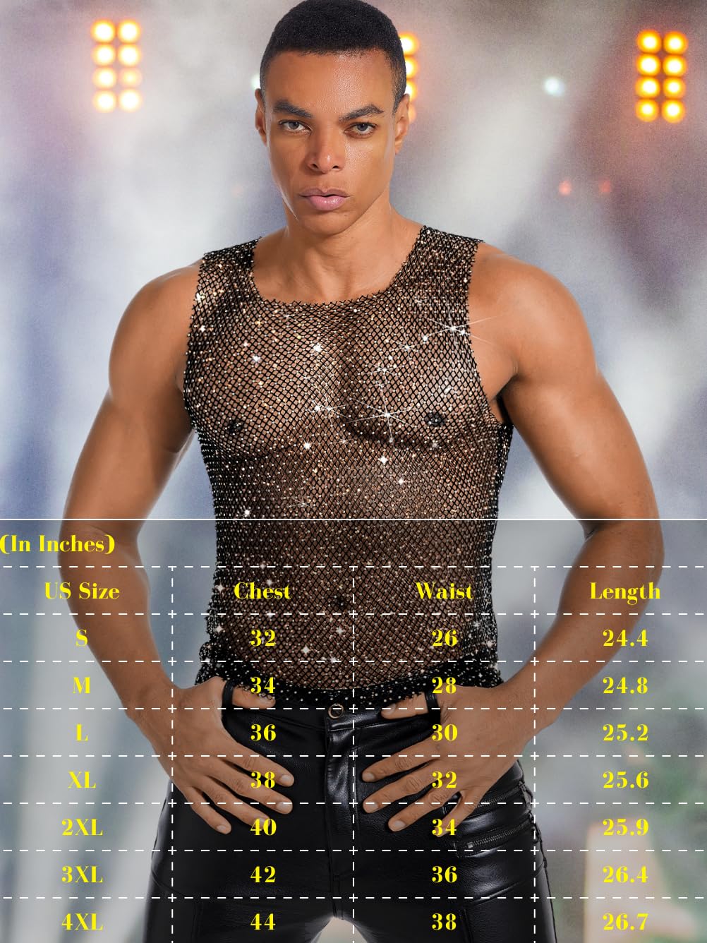 ChiaoLezhee Rhinestones Rave Outfits, Sparkly Mesh Tank Tops, Medium, Black