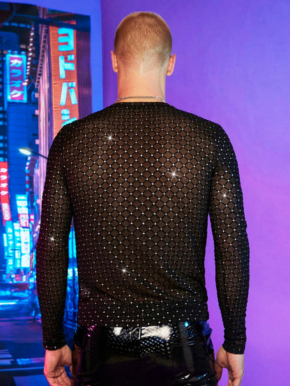 WDIRARA Men's Rhinestone Trim Mesh Sheer Long Sleeve Round Neck Large, Black