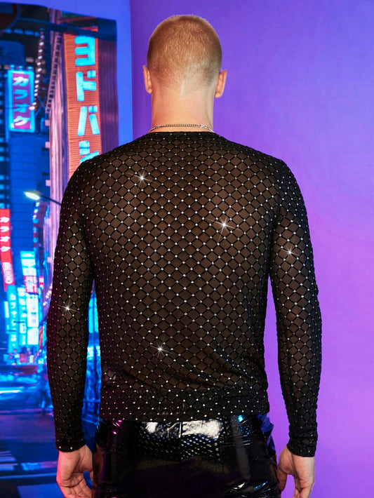 WDIRARA Men's Rhinestone Trim Mesh Sheer Long Sleeve Round Neck Large, Black