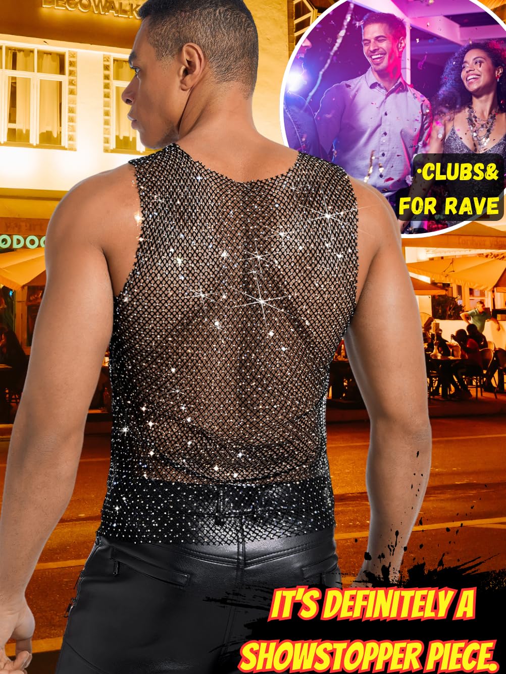 ChiaoLezhee Rhinestones Rave Outfits, Sparkly Mesh Tank Tops, Medium, Black