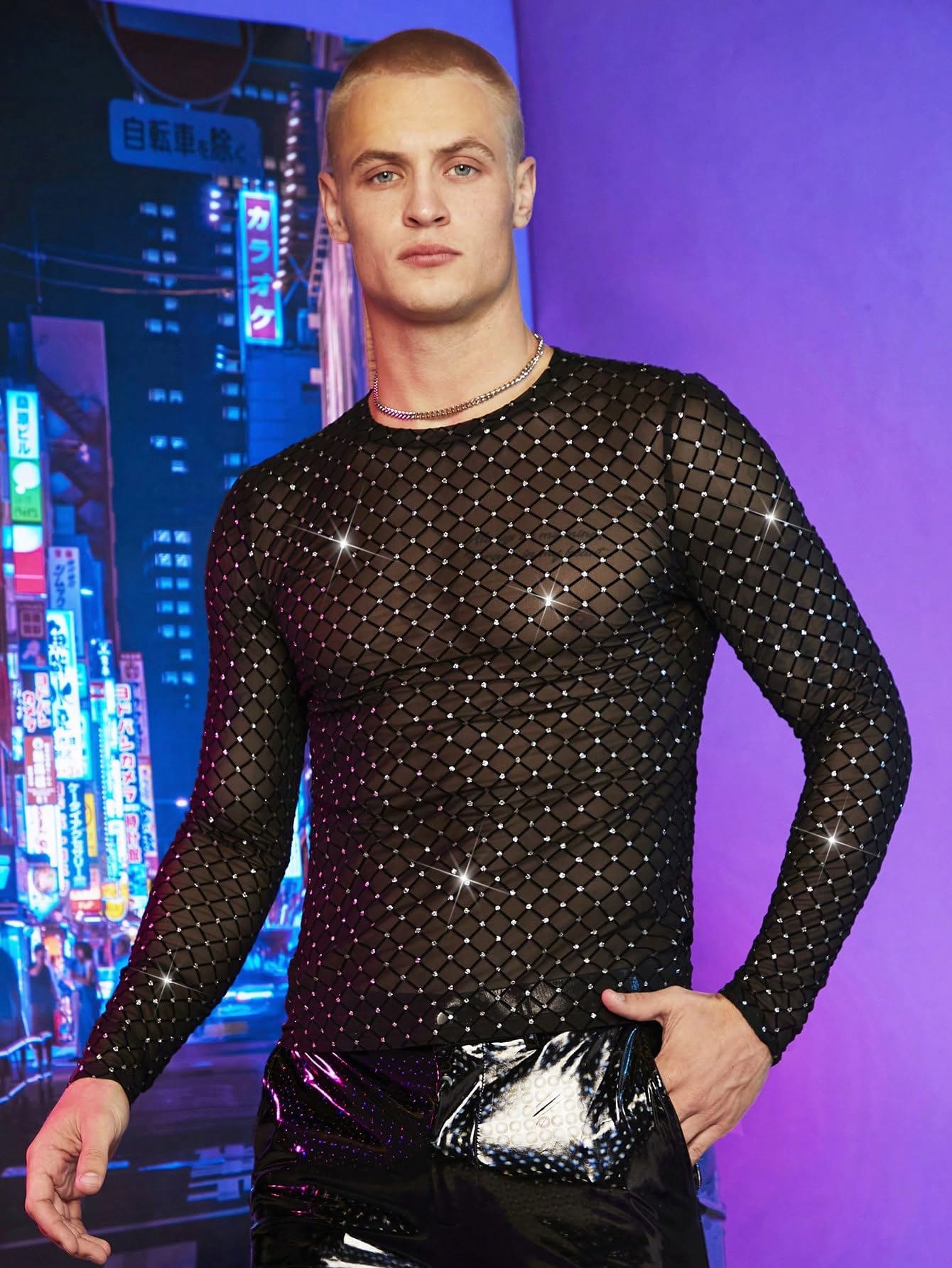 WDIRARA Men's Rhinestone Trim Mesh Sheer Long Sleeve Round Neck Large, Black